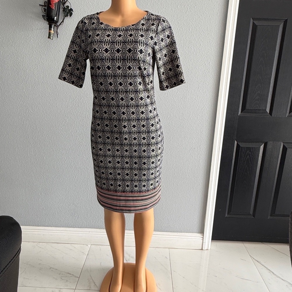 Ile New York Womens Navy Blue Geometric Print Sheath Dress Size 6‎ Short Sleeve